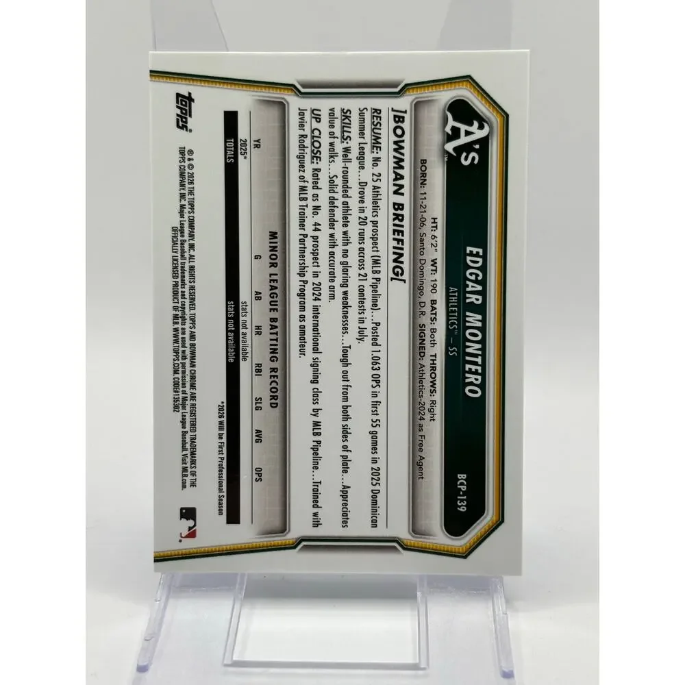 2026 Bowman Sapphire Edgar Montero 1st Chrome Prospect Oakland Athletics